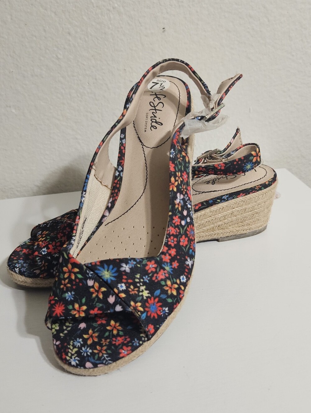 Life Stride Navy Floral Slingback Wedge Sandals